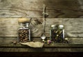 Coffee beans and dry tea in glass jars Royalty Free Stock Photo