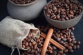 Coffee beans in an earthenware dish and a bag. Royalty Free Stock Photo