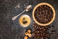 Coffee beans and espresso coffee.