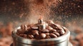 Coffee beans exploding in a grinder creating a cloud of ground coffee Royalty Free Stock Photo