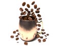 The coffee beans fall into a mug