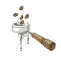 Coffee beans fall into the portafilter Royalty Free Stock Photo