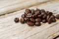 Coffee beans fall on rustic wooden table Delicious luxury coffee beans. Royalty Free Stock Photo