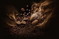 Coffee beans fall in smoke on a black background. Roasting coffee.Generative AI