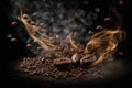 Coffee beans fall in smoke on a black background. Roasting coffee.Generative AI