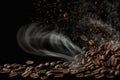 Coffee beans fall in smoke on a black background. Roasting coffee.Generative AI