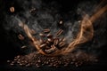 Coffee beans fall in smoke on a black background. Roasting coffee.Generative AI