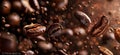 Coffee beans falling on brown background, closeup view Royalty Free Stock Photo