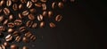 Coffee beans falling on brown background, closeup view Royalty Free Stock Photo