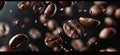 Coffee beans falling on brown background, closeup view Royalty Free Stock Photo