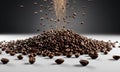 coffee beans falling into the air on a black background with copy space Royalty Free Stock Photo