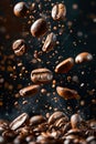 Coffee beans falling into the air. Generative AI Royalty Free Stock Photo