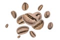 Coffee beans falling background. Black espresso coffee bean flying. Aromatic grain fall isolated on white. Represent Royalty Free Stock Photo