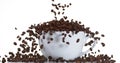 Coffee Beans Falling into a Cup against White Background Royalty Free Stock Photo