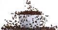 Coffee Beans Falling into a Cup against White Background Royalty Free Stock Photo