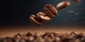 Coffee beans in flight on a dark background. Close up
