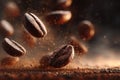 Coffee beans are floating in mid-air, surrounded by a cloud of fine coffee grounds, showcasing the rich texture and aroma of Royalty Free Stock Photo