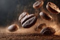 Coffee beans are floating in mid-air, surrounded by a cloud of fine coffee grounds, showcasing the rich texture and aroma of Royalty Free Stock Photo
