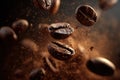 Coffee beans are floating in mid-air, surrounded by a cloud of fine coffee grounds, showcasing the rich texture and aroma of Royalty Free Stock Photo