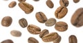 Coffee beans fly close-up on a white background. Levitation of coffee beans