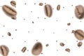 Coffee beans flying background. Black espresso grain falling on white. Rustic coffee bean fall isolated. Represent Royalty Free Stock Photo