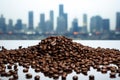 coffee beans forming a depiction of city skyline