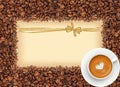 Coffee beans frame over burlap textile with greeting card Royalty Free Stock Photo