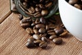 Coffee beans in a glass bottle on a wooden surface Royalty Free Stock Photo