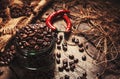 Coffee beans in a glass jar, black background Royalty Free Stock Photo