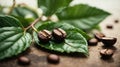 Coffee beans with green leaf close up on white Royalty Free Stock Photo