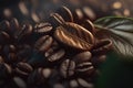 Coffee beans with green leaf on dark background, close up. Generative AI Royalty Free Stock Photo