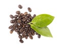 Coffee beans and green leaves on a white background