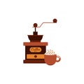 Coffee beans grinder and cup of drink cartoon vector illustration isolated. Royalty Free Stock Photo