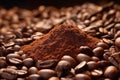 Coffee beans and ground coffee on a dark background, close up.Generative AI