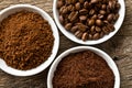 Coffee beans, ground coffee and instant coffee Royalty Free Stock Photo