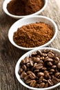 Coffee beans, ground coffee and instant coffee Royalty Free Stock Photo
