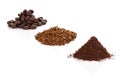 Coffee beans, ground coffee and instant coffee. Royalty Free Stock Photo