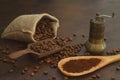 Coffee beans and ground coffee in wooden spoons on brown background. With old burlap bag and coffee grinder. Royalty Free Stock Photo