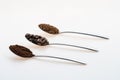 coffee beans ground instant each in its own teaspoon on a white background Royalty Free Stock Photo