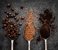 Coffee beans, ground coffee and instant coffee on spoons Royalty Free Stock Photo