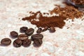 Coffee beans, ground and instant coffee on the table Royalty Free Stock Photo