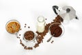 Coffee beans and ground, milk in a bottle, Moka pot Royalty Free Stock Photo