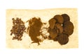 Coffee beans, ground and pressed espresso residues. Studio Photo Royalty Free Stock Photo