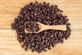 Coffee beans and ground coffee in spoon on textured wood, top-view Royalty Free Stock Photo