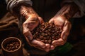 Coffee beans in the hands of a farmer