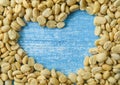 Coffee Beans Heart background , Blue wooden. Royalty Free Stock Photo