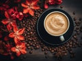 Coffee beans and hibiscus red flowers around cup of coffee Royalty Free Stock Photo