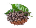 Coffee beans , instant coffee and leaves Royalty Free Stock Photo