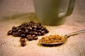 Coffee beans and instant coffee and mug Royalty Free Stock Photo