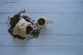 Coffee beans isolated with sack bag and coffee scoop on left side Royalty Free Stock Photo